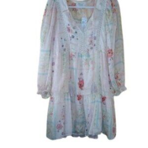 Penelope Rose Womens Mini Tunic Dress Cream Floral Lace Chiffon Romantic L New